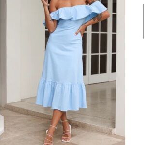 Hello Molly Strapless Ruffle Midi Dress in Light Blue